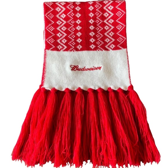 Budweiser Red White Knit Scarf Fringe Tassel Fair Isle - Picture 2 of 4